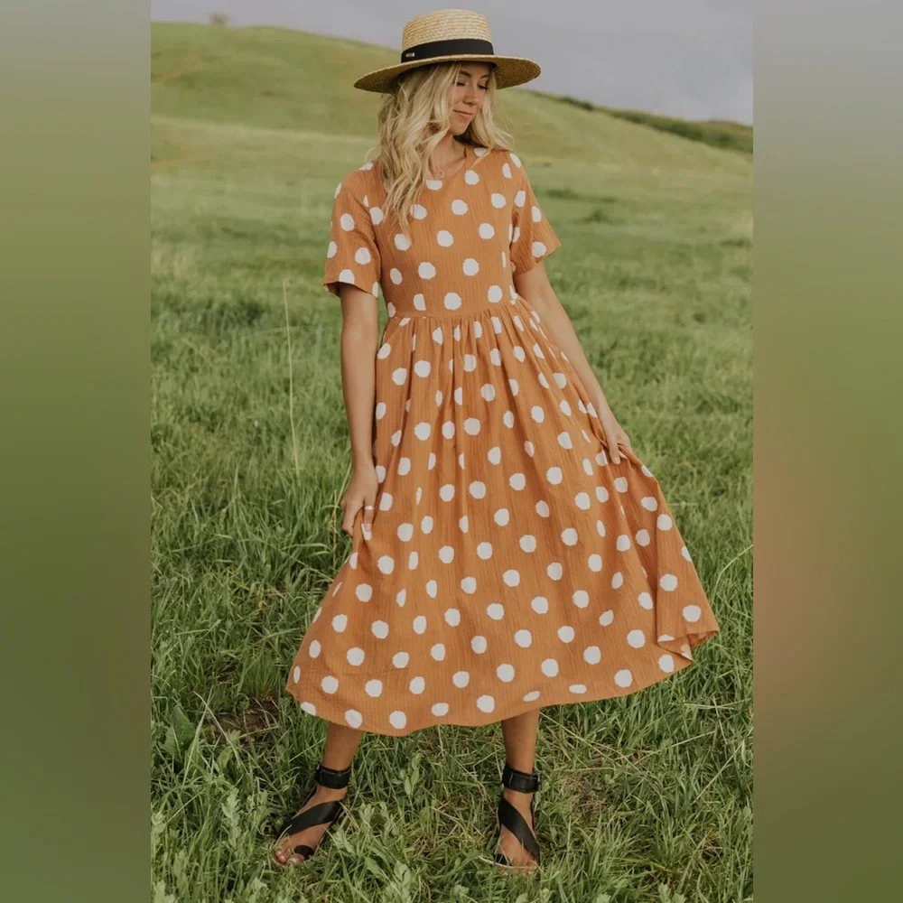 Roolee - The Josie Maxi Orange and White Polka Dot Dress - Picture 1 of 5